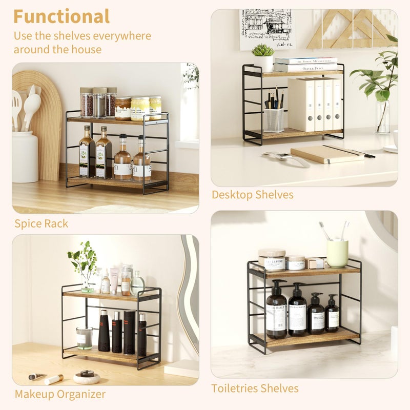 SRIWATANA 2 Pack Bathroom Counter Organizer, 2 Tier Countertop Organizers, Kitchen Counter Shelf Spice Rack Countertop Storage Wood Shelf - Carbonized Black - Image 3