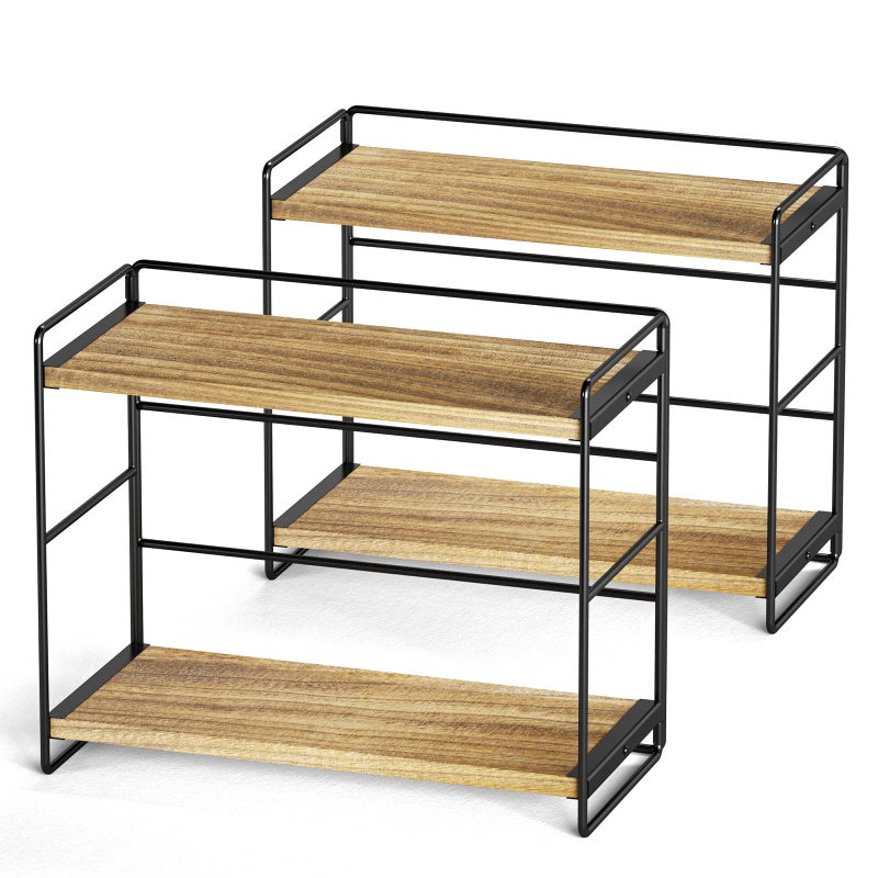 SRIWATANA 2 Pack Bathroom Counter Organizer, 2 Tier Countertop Organizers, Kitchen Counter Shelf Spice Rack Countertop Storage Wood Shelf - Carbonized Black - Image 1