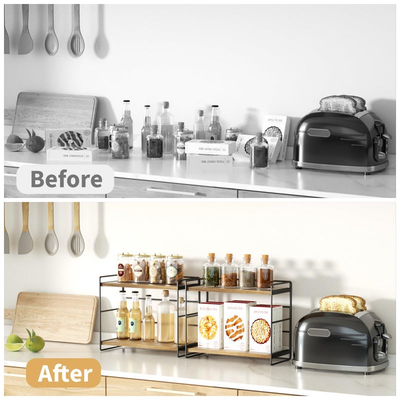 SRIWATANA 2 Pack Bathroom Counter Organizer, 2 Tier Countertop Organizers, Kitchen Counter Shelf Spice Rack Countertop Storage Wood Shelf - Carbonized Black - Image 4