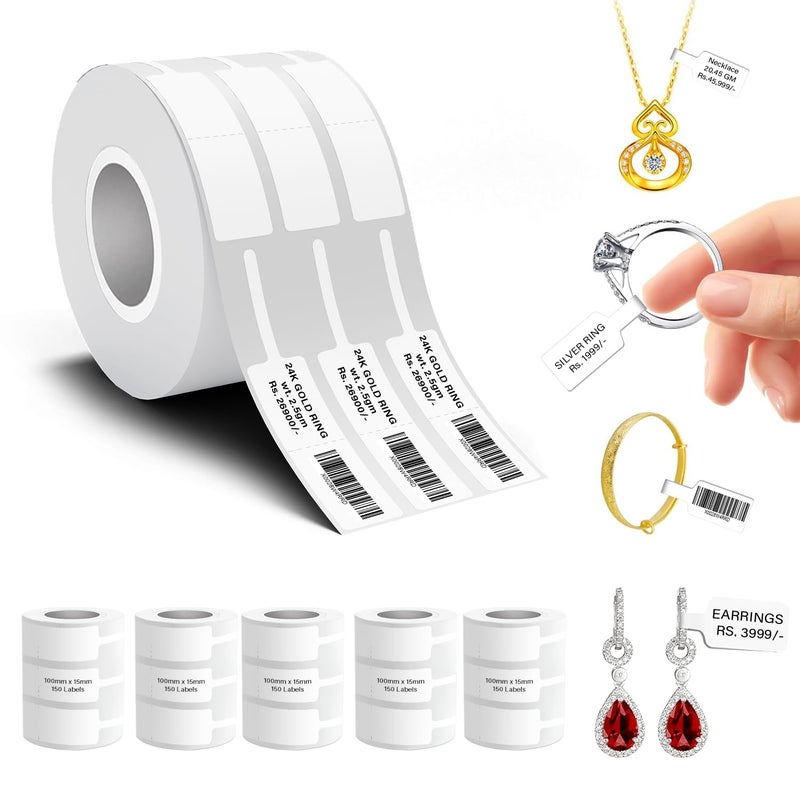 SEZNIK Jewellery Thermal Labels – 14.3mm x 100mm, Waterproof, Non Tearable, Direct Thermal, 750 Labels (5 Rolls), for 2 to 4 Inch Printers, White, for Jewellery Tagging - Image 1