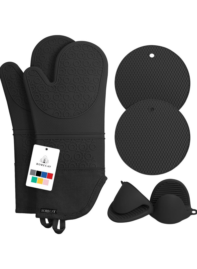 Oven Mitts And Pot Holders Set,Heat Resistant Silicone Waterproof Extra Long Oven Gloves With Hot Pads And Mini Oven Mittens For Grilling Kitchen Cooking Baking,Quilted Lining,Black Pack of 6  - Image 1