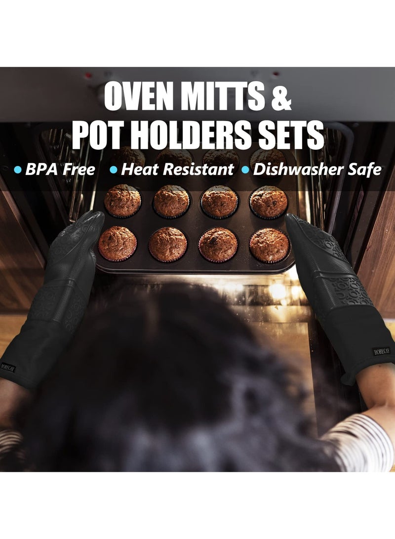 Oven Mitts And Pot Holders Set,Heat Resistant Silicone Waterproof Extra Long Oven Gloves With Hot Pads And Mini Oven Mittens For Grilling Kitchen Cooking Baking,Quilted Lining,Black Pack of 6  - Image 2