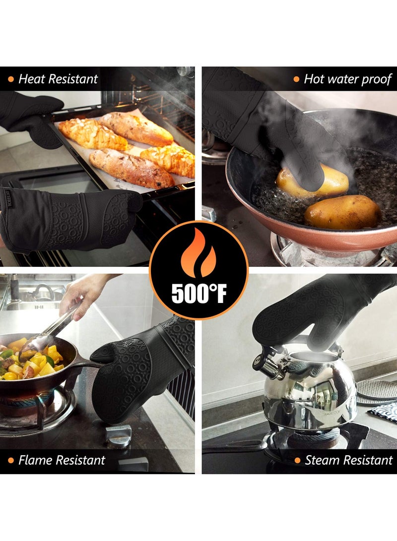 Oven Mitts And Pot Holders Set,Heat Resistant Silicone Waterproof Extra Long Oven Gloves With Hot Pads And Mini Oven Mittens For Grilling Kitchen Cooking Baking,Quilted Lining,Black Pack of 6  - Image 5