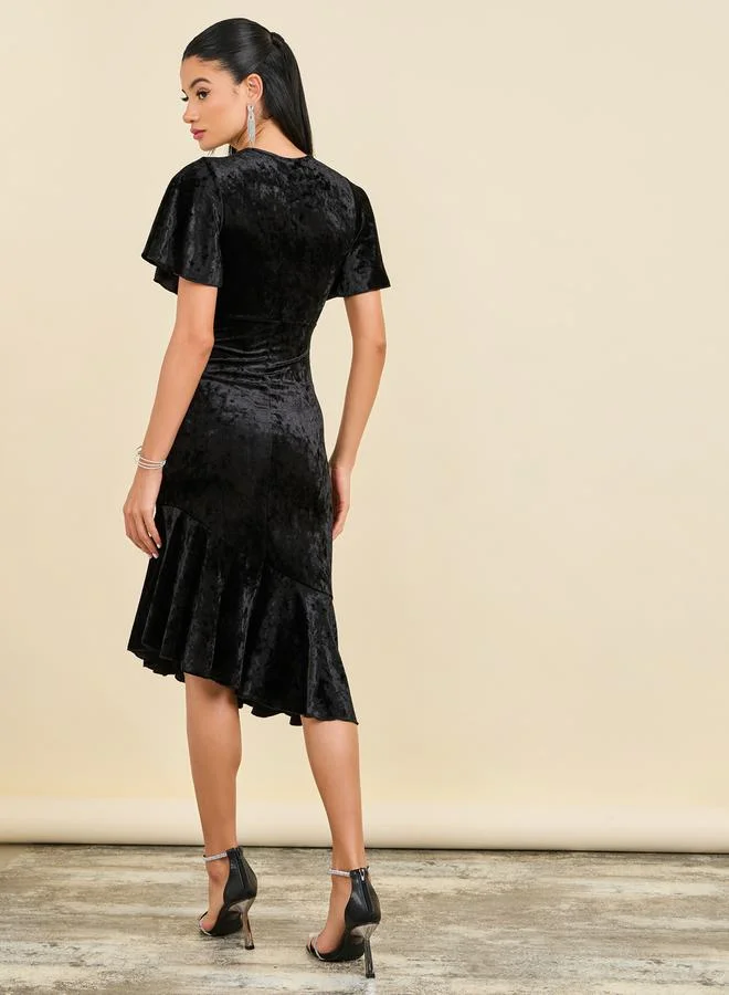 Styli Velvet Ruffle Dress