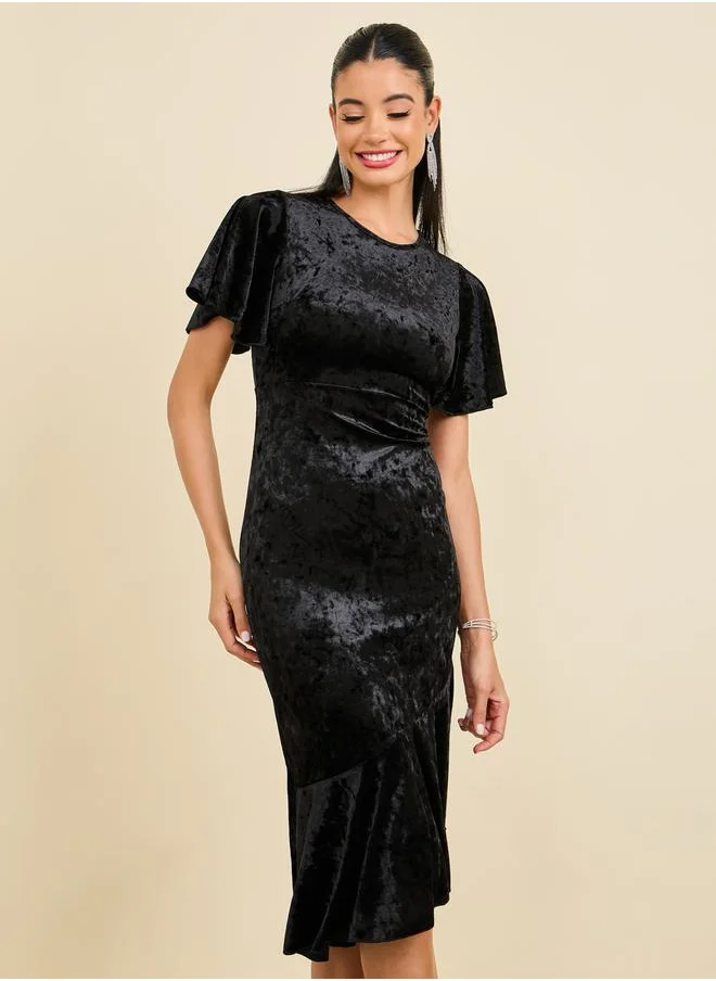 Styli Velvet Sheath Midi Dress with Frill Hem