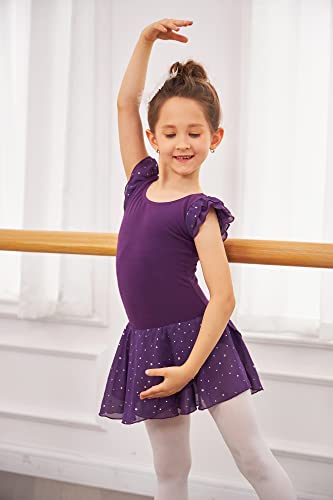 Arshiner Girls Ruffle Sleeve Ballet Dance Dress Tutu Skirted Leotard Dark Purple - Image 5
