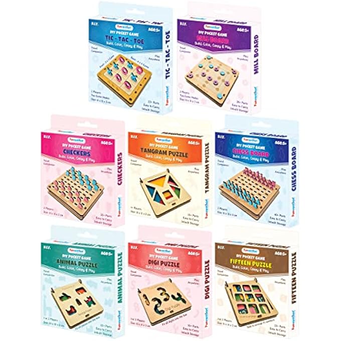 Funvention for Little Scientist in Every Kid Combo Of 8 Diy Pocket Travel Games Tic Tac Toe Chess Checkers Family Board Game Best Birthday Return Gifts 25 PgCo8 Multicolor - Image 1