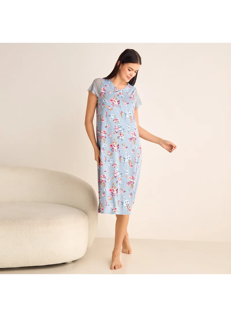 FAV Floral Print Sleepshirt with Short Sleeves and V-neck