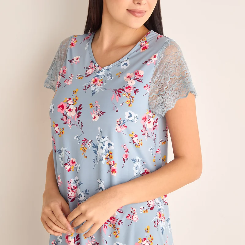 Splash FAV Floral Print Sleepshirt with Short Sleeves and V-neck