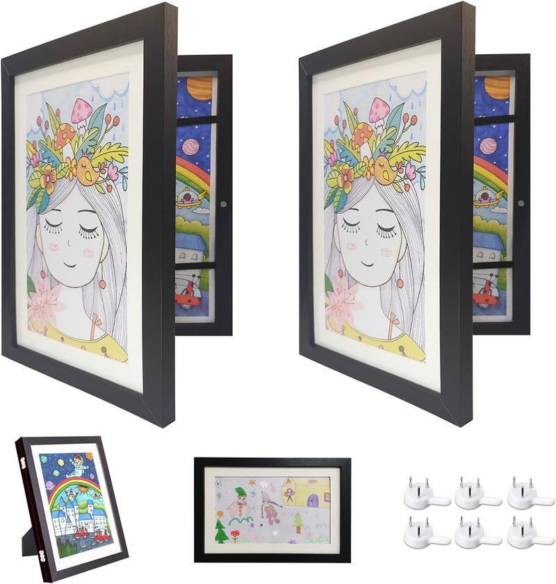 Kids Art Frame Set,2 Pack A4 Front Opening Picture Frames For Children, Kids Artwork Display Frame for Horizontal or Vertical Wall or Tabletop, Picture Display Stand for Crafts,Drawing(Black) - Image 1
