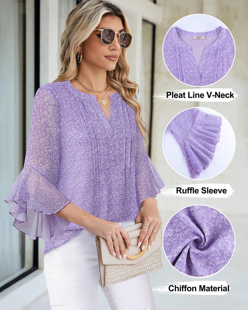 Timeson 3/4 Length Sleeve Womens Tops: Wrinkle Free Business Casual â€” Summer Blouses for Women â€” Ladies Dress Shirts Office Work Attire Chiffon Elegant Formal Wear Travel Holiday Tall Multi Violet XL - Image 4