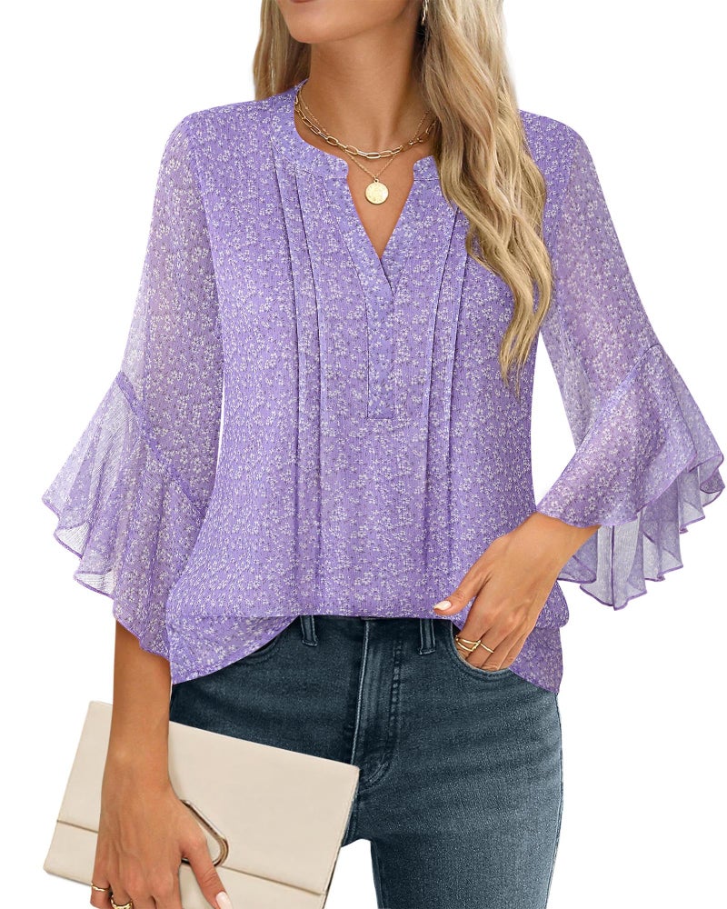 Timeson 3/4 Length Sleeve Womens Tops: Wrinkle Free Business Casual â€” Summer Blouses for Women â€” Ladies Dress Shirts Office Work Attire Chiffon Elegant Formal Wear Travel Holiday Tall Multi Violet XL - Image 2