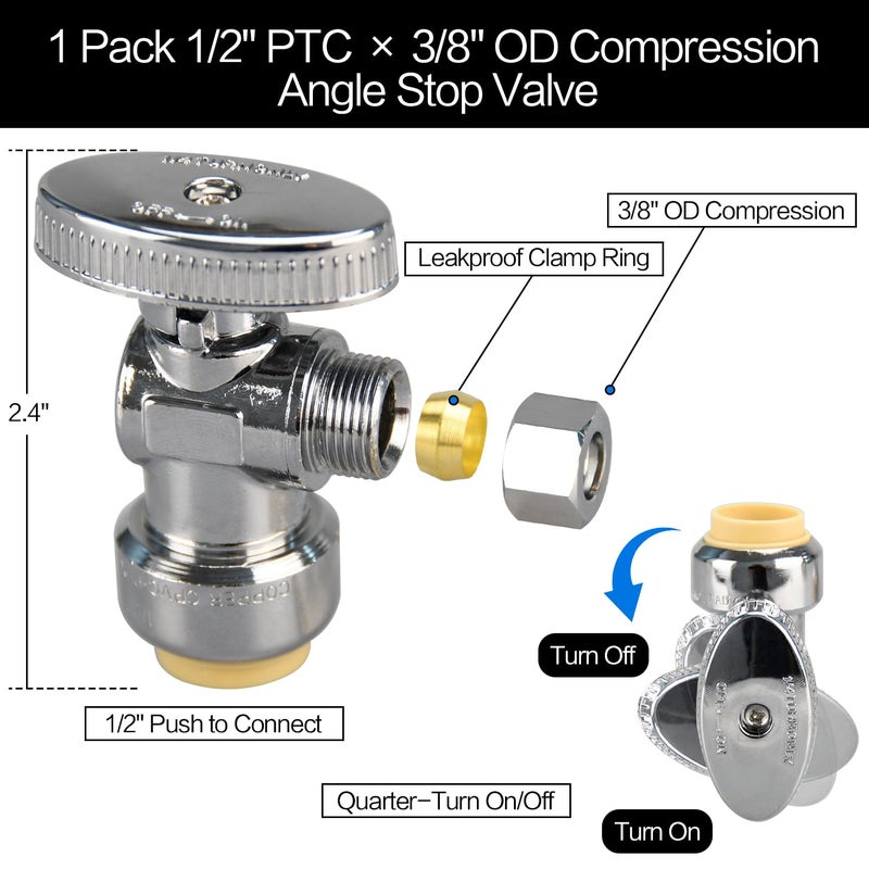 PXZBLG Stop Valves, 1/2" Ã— 3/8" Angle Stop Valve, 1/2" PTC Input, 3/8" OD Compression Output, Push to Connect, 1/4 Turn, Chrome Plated Brass for Faucet, Toilet Valves, No Lead - Image 2
