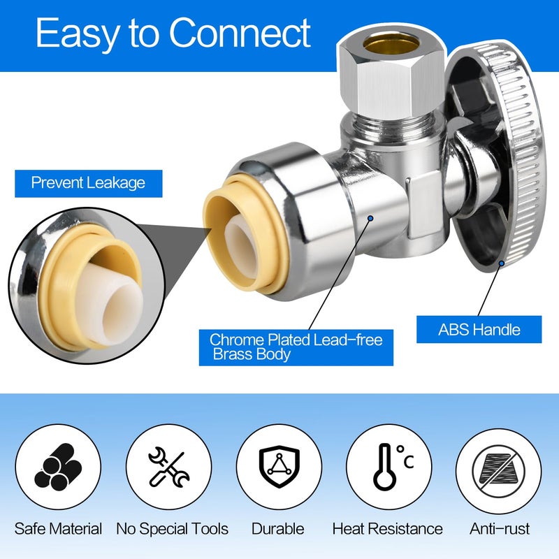 PXZBLG Stop Valves, 1/2" Ã— 3/8" Angle Stop Valve, 1/2" PTC Input, 3/8" OD Compression Output, Push to Connect, 1/4 Turn, Chrome Plated Brass for Faucet, Toilet Valves, No Lead - Image 3