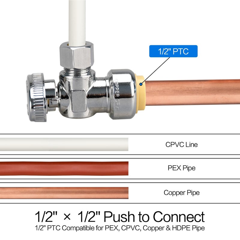 PXZBLG Stop Valves, 1/2" Ã— 3/8" Angle Stop Valve, 1/2" PTC Input, 3/8" OD Compression Output, Push to Connect, 1/4 Turn, Chrome Plated Brass for Faucet, Toilet Valves, No Lead - Image 4