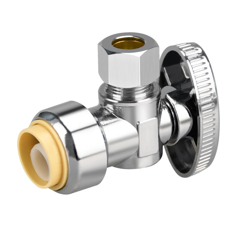 PXZBLG Stop Valves, 1/2" Ã— 3/8" Angle Stop Valve, 1/2" PTC Input, 3/8" OD Compression Output, Push to Connect, 1/4 Turn, Chrome Plated Brass for Faucet, Toilet Valves, No Lead - Image 1