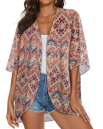JILUVIN Womens Kimono Cardigans Beach Cover ups Swimwear Puff Sleeve Loose Casual Summer Tops (Boho Orange,L) - Image 2