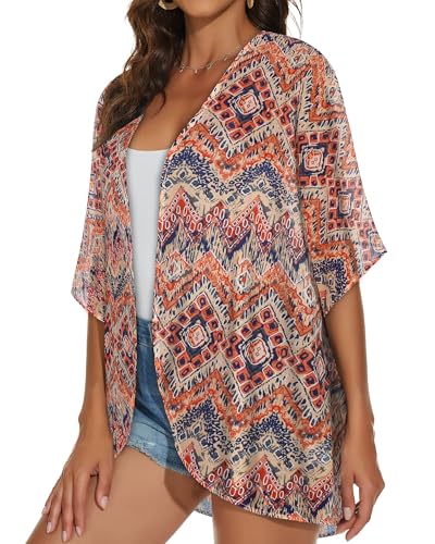 JILUVIN Womens Kimono Cardigans Beach Cover ups Swimwear Puff Sleeve Loose Casual Summer Tops (Boho Orange,L) - Image 4