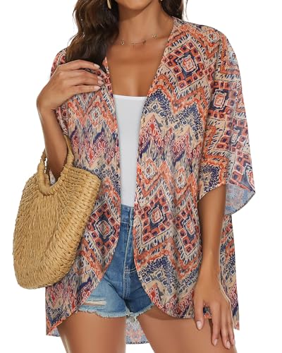 JILUVIN Womens Kimono Cardigans Beach Cover ups Swimwear Puff Sleeve Loose Casual Summer Tops (Boho Orange,L) - Image 3
