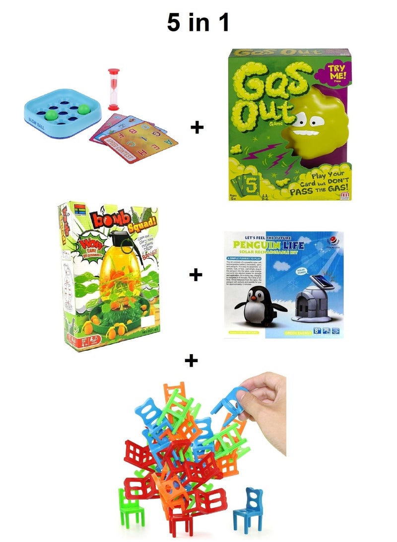 BABYCARA 5 in 1 Toys Balance Stack Chair - Blow Ball - Gas Out - Bomb Squad - Penguin Life 