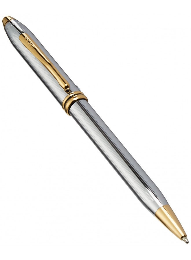 Cross قلم حبر جاف قابل لإعادة التعبئة من كروس تاونسيند ميداليست، متوسط، مع تفاصيل مطلية بالذهب عيار 23 قيراط، يشمل علبة هدايا فاخرة - كروم مصقول - Image 1