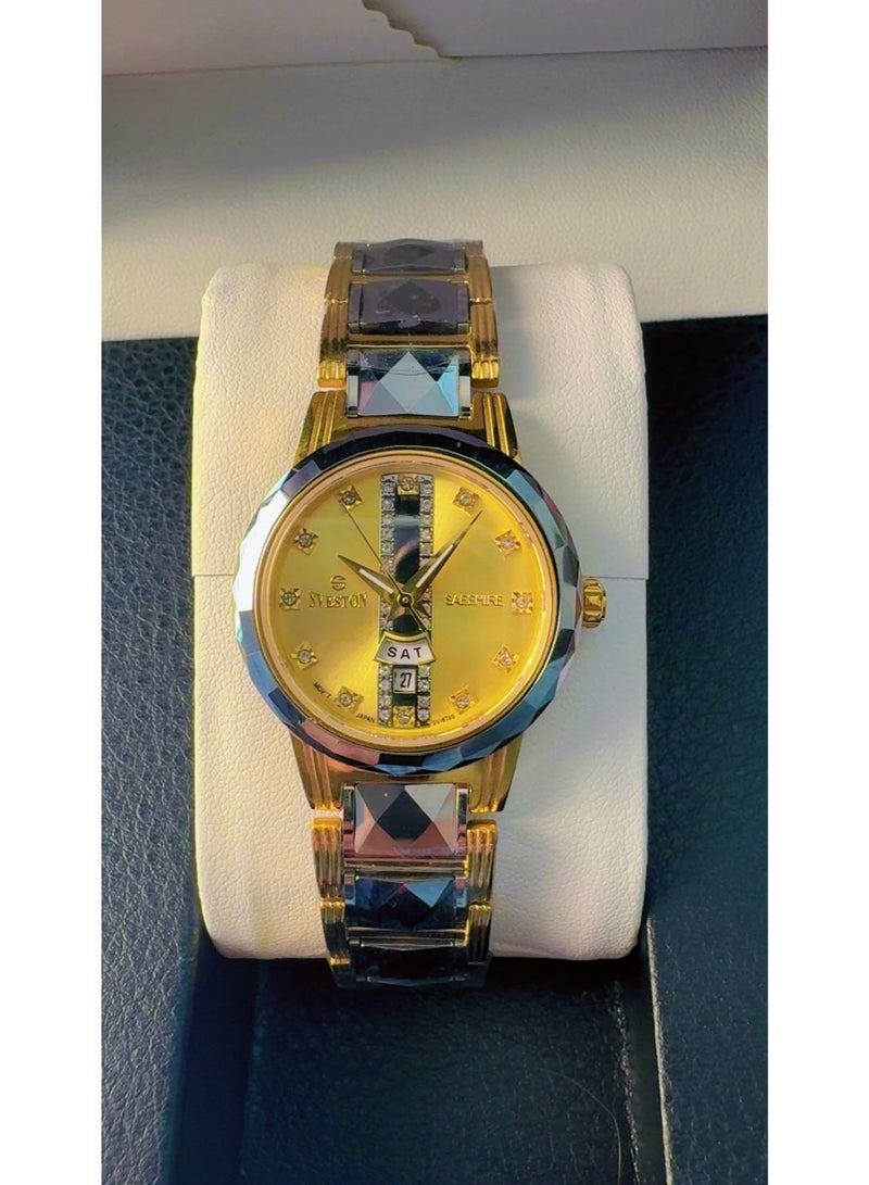 Sveston Brand New SVESTON Sapphire Luxury Men's Watch – Two-Tone Gold & Silver Stainless Steel Strap, Golden Dial with Crystal Hour Markers, Day & Date Display, 3ATM Water Resistant Quartz Movement (Model SV-9740) - Image 1