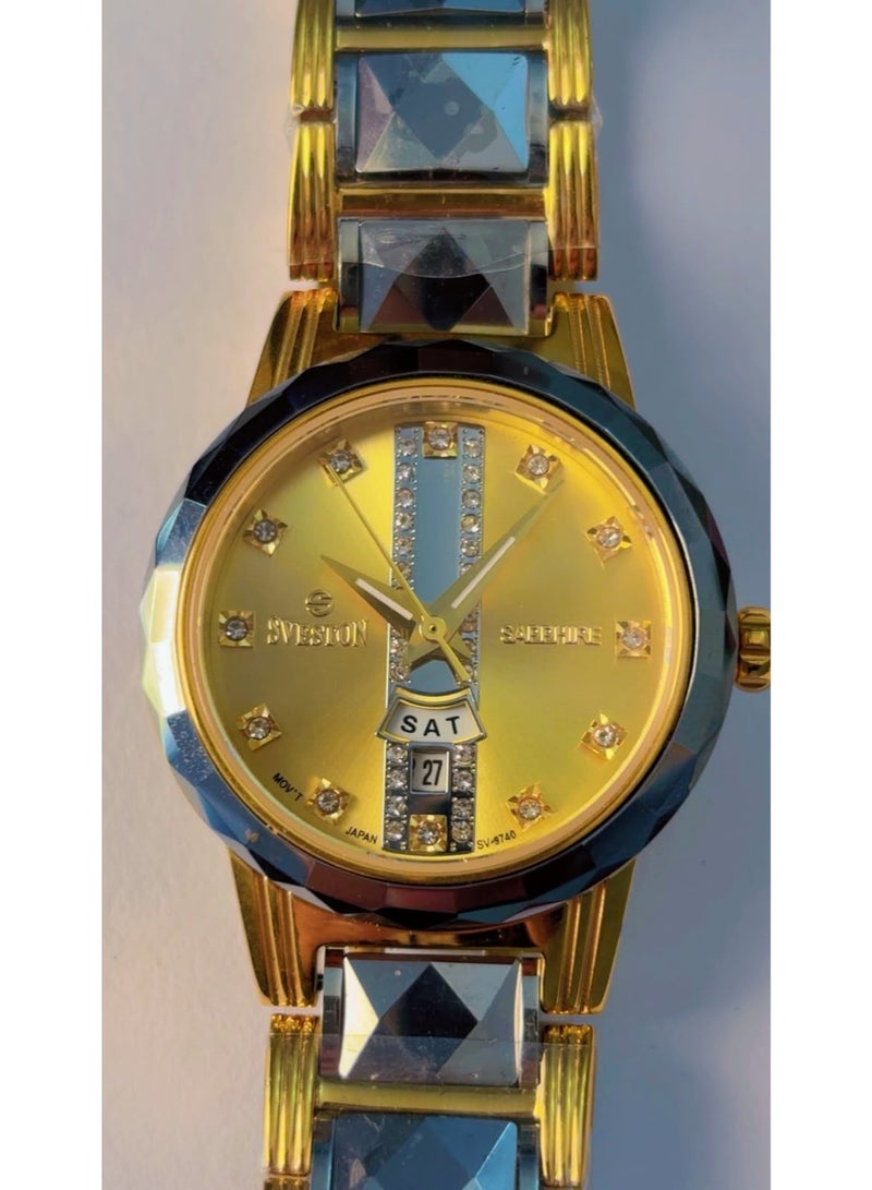 Sveston Brand New SVESTON Sapphire Luxury Men's Watch – Two-Tone Gold & Silver Stainless Steel Strap, Golden Dial with Crystal Hour Markers, Day & Date Display, 3ATM Water Resistant Quartz Movement (Model SV-9740) - Image 5