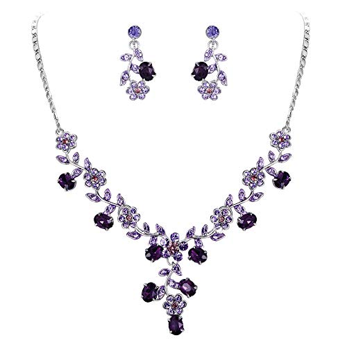 EVER FAITH Wedding Jewelry for Bride, Austrian Crystal Cluster Flower Leaf Bridal Pendant Necklace Earrings Sets Purple - Image 1