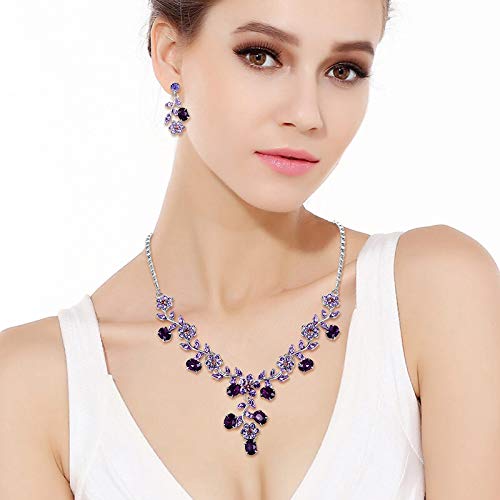 EVER FAITH Wedding Jewelry for Bride, Austrian Crystal Cluster Flower Leaf Bridal Pendant Necklace Earrings Sets Purple - Image 4