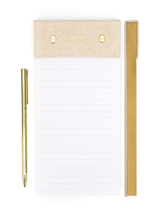 ELYN Lined Notepad, Aesthetic Linen Memo Pad With Matching Gold Gel Pen, 125 Sheets, 8.1 x 5.3 in - 100 GSM Premium Thick Paper, Perforated Pages & Hard Linen Backing, For Work, School or Home (Linen) - Image 1