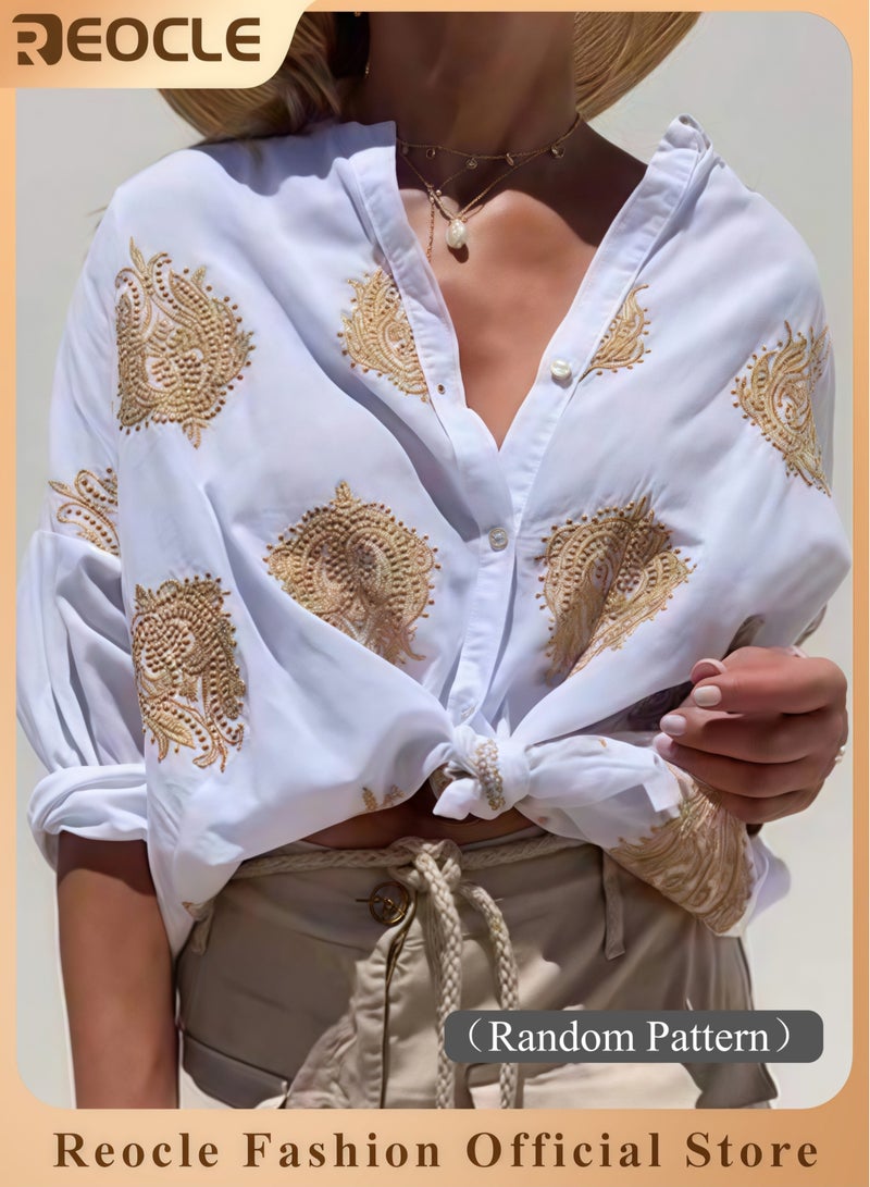 REOCLE Women's Button Down Shirts Lapel Neck Blouses Long Sleeved Business Work Tops Vintage Graphic Shirts Casual Oversized Shirts for Commuting & Business & Daily Wear - Image 1