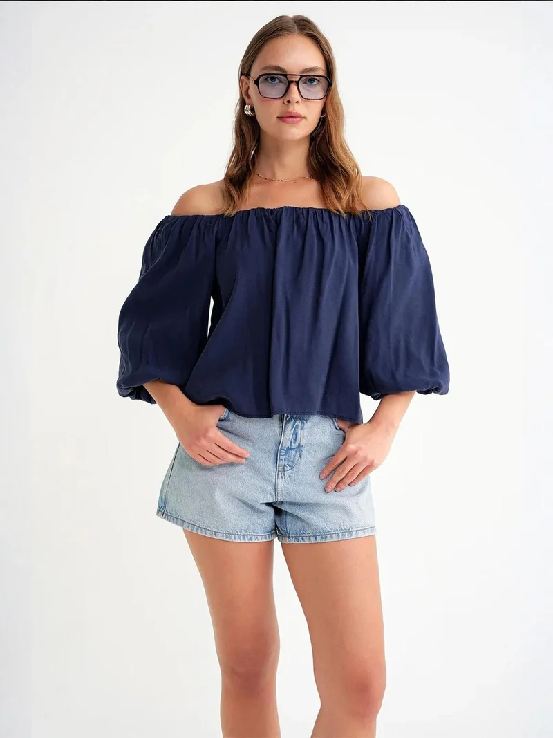 MixRay Mixray Modal Blended Blouse with Madonna Collar and Ruffle Detail