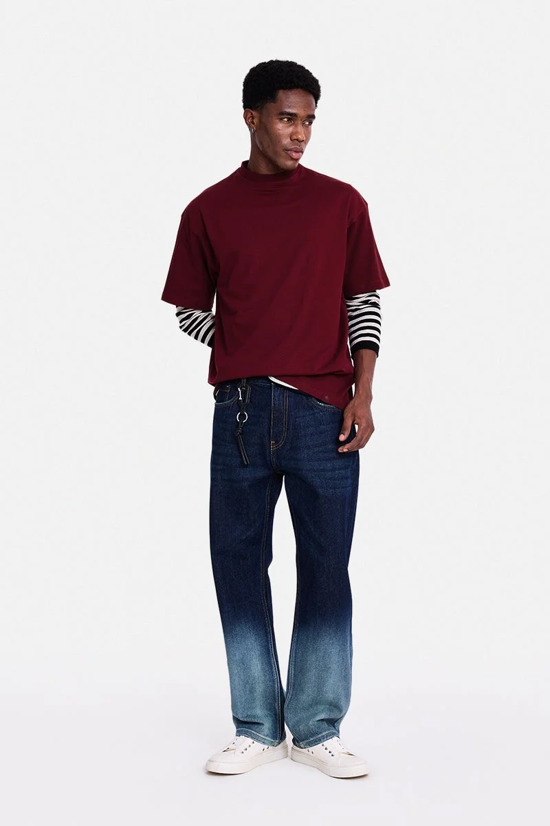 SNITCH Maroon Solid Half Sleeve Oversized T-Shirt