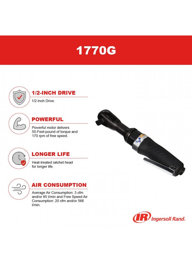 INGERSOLL-RAND - Ingersoll Rand 1770G 1/2" Edge Series Drive Air Ratchet Wrench, 55 ft-lbs Max Torque Output, 170 RPM, Comfort Grip, Compact, Lightweight, Black - Image 1