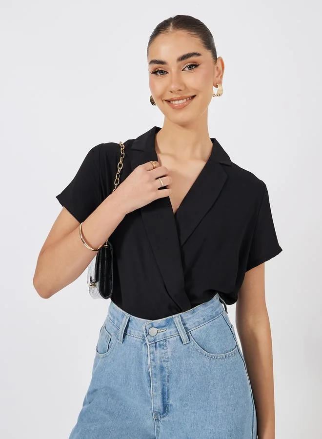Styli Mock Wrap Bodysuit with Notch Lapel
