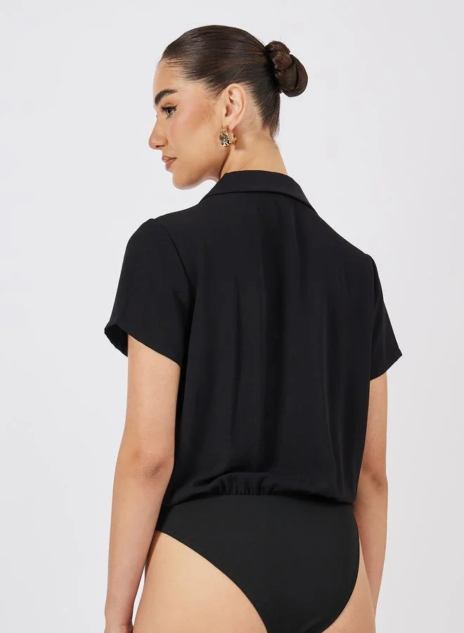 Styli Mock Wrap Bodysuit with Notch Lapel