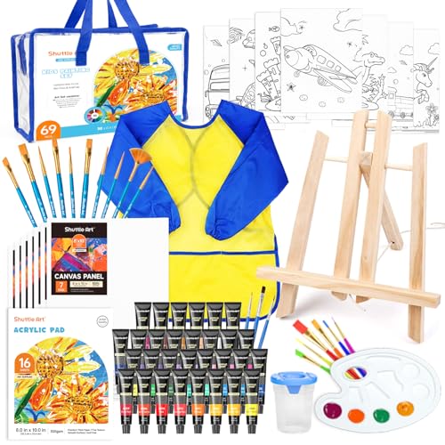 Shuttle Art 69 Pack Kids Paint Set, Shuttle Art Art Set for Kids with 30 Colors Acrylic Paint, Wood Easel, Canvas, Painting Pad, Brushes, Palette and Smock, Complete Paint Set for Boys and Girls(package may very) - Image 1
