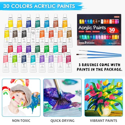Shuttle Art 69 Pack Kids Paint Set, Shuttle Art Art Set for Kids with 30 Colors Acrylic Paint, Wood Easel, Canvas, Painting Pad, Brushes, Palette and Smock, Complete Paint Set for Boys and Girls(package may very) - Image 5