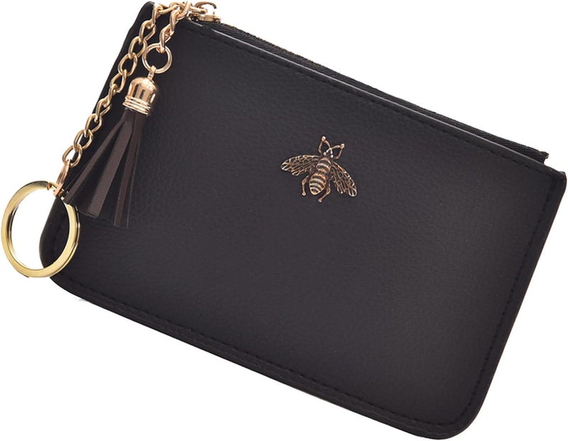 AnnabelZ Coin Purse Change Wallet Pouch Leather Card Holder with Key Chain Tassel Zip(Black) - Image 1