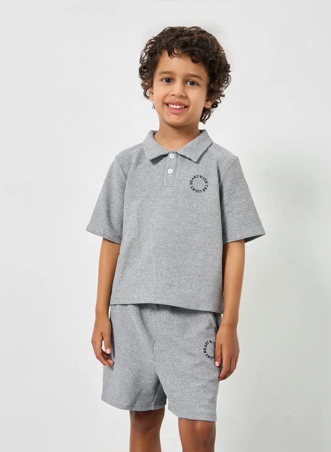 Take Two Boys Text Print Textured Polo and Shorts Set