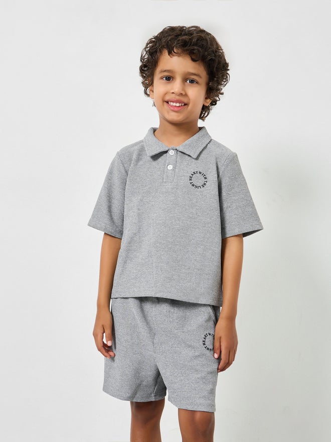 Take Two Boys Text Print Textured Polo and Shorts Set - Image 2