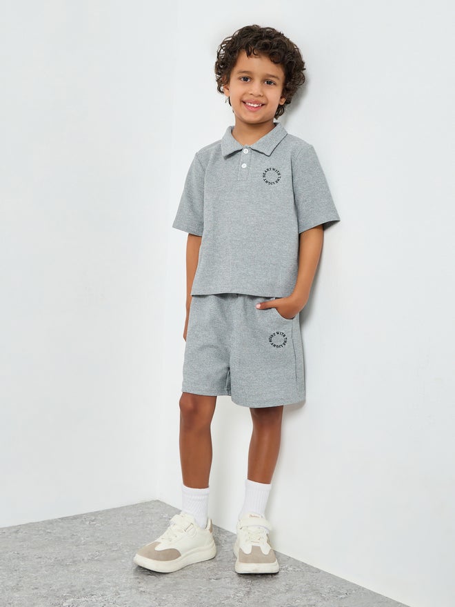Take Two Boys Text Print Textured Polo and Shorts Set - Image 1