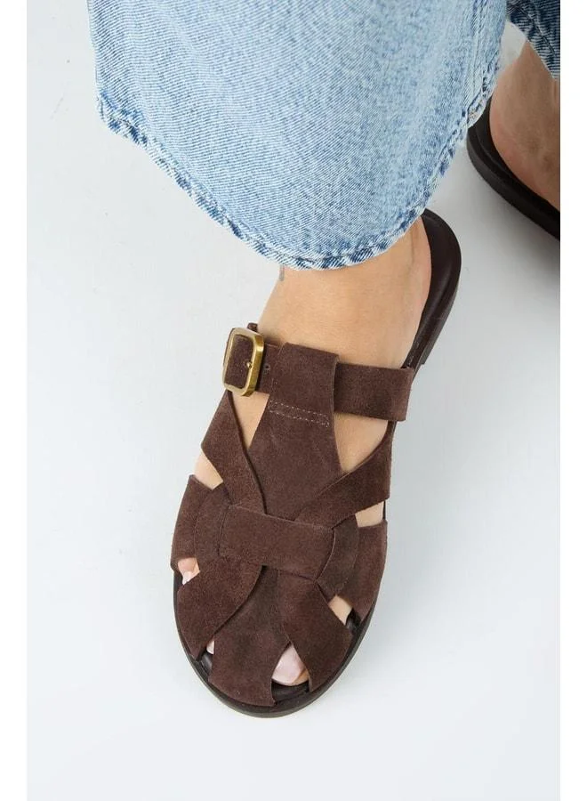 Qurina Women Real Leather Caged Coffee Slippers