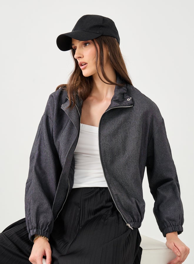 ستايلي جاكيت بومبر جينز نسائي أسود بقصة عادية - Image 1