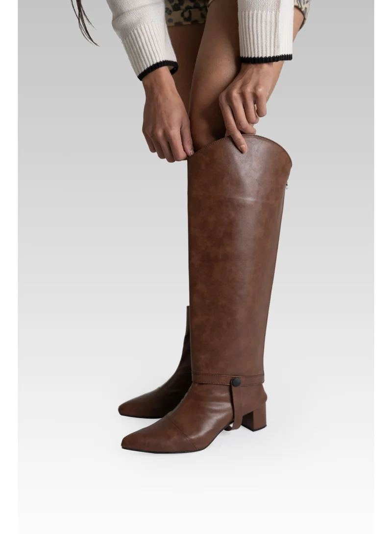 DEUX Brown Vegan Leather Boots 2-in-1 Convertible Style with 2" Block Heel