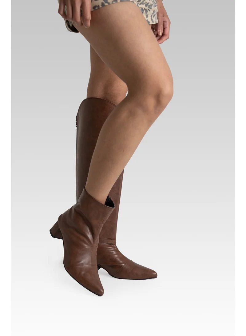 ZORIWORLD DEUX Brown Vegan Leather Boots 2-in-1 Convertible Style with 2" Block Heel