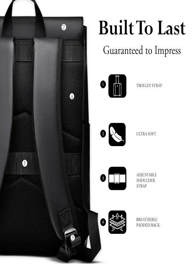REDHORNS Water Resistant Pemium Laptop Backpack for Men and Women, PU Leather 25L Backpack for Business Travel, Top Open Office Backpack with Trolley Sleeve (BP2088A-Black) - Image 5