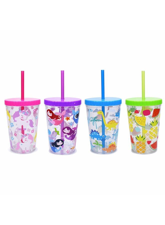 Home Tune 16oz Kids Tumbler Water Drinking Cup 4 Pack - BPA Free, Straw Lid Cup, Reusable, Lightweight, Spill-Proof Water Bottle with Cute Design for Girls & Boys - Unicorn, Mermaid, Dinosaur, Fruit - Image 1