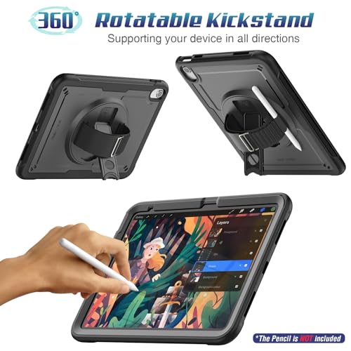 SEYMAC stock Case for iPad A16 11-inch Case 2025/ for iPad 11th/ 10th Generation 10.9'' 2022, Protective with Screen Protector, Pen Holder, Rotate Stand, Loop Nylon Hand Strap, Shoulder Strap, Black - Image 4