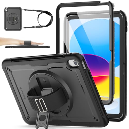SEYMAC stock Case for iPad A16 11-inch Case 2025/ for iPad 11th/ 10th Generation 10.9'' 2022, Protective with Screen Protector, Pen Holder, Rotate Stand, Loop Nylon Hand Strap, Shoulder Strap, Black - Image 1